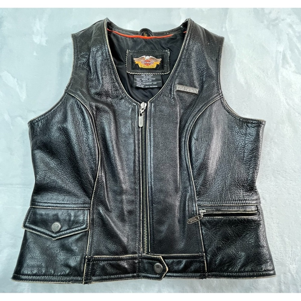 Harley Davidson Womens L Leather Vest Panhead‎ Style Black Distressed